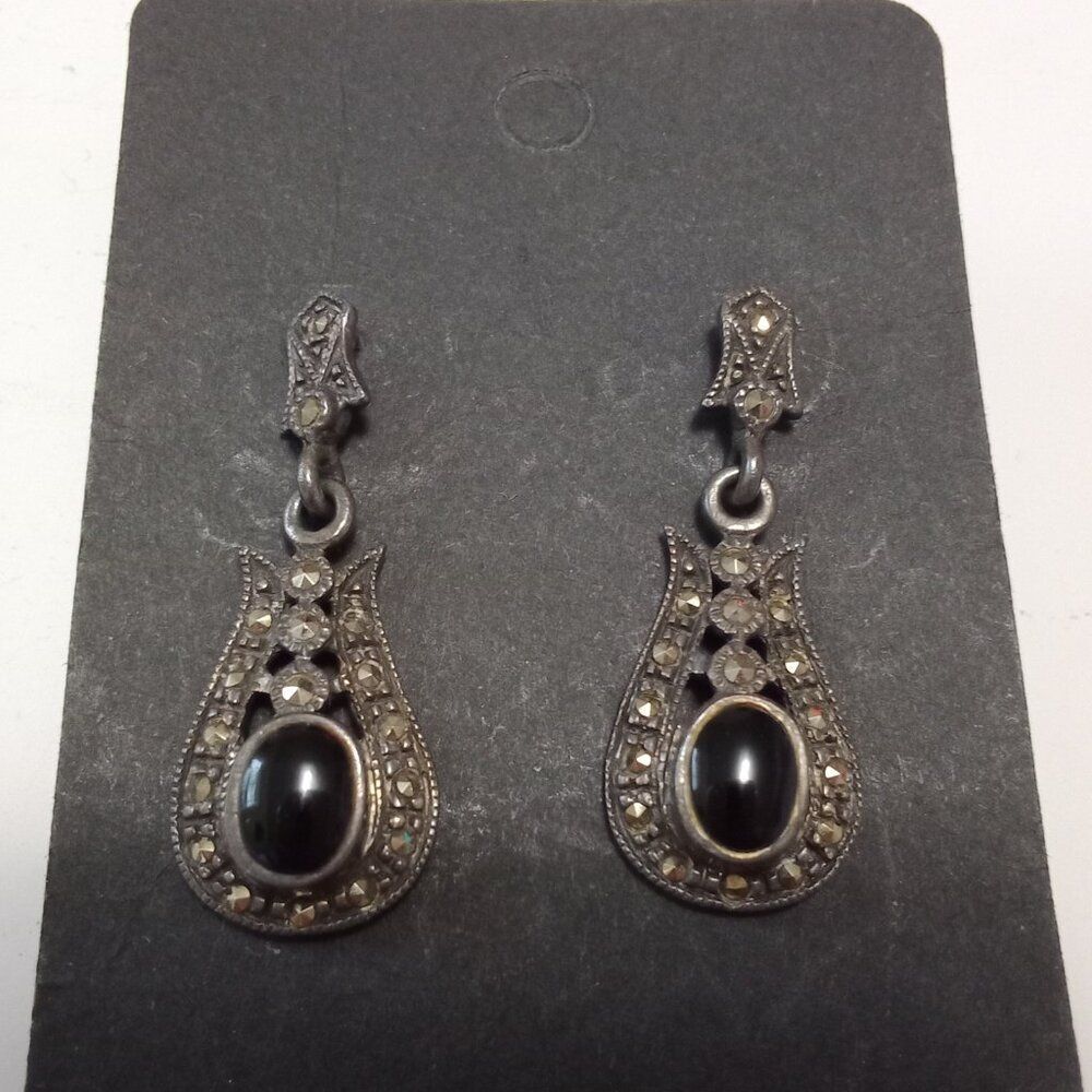 Vintage Art Deco 925 Sterling Silver Marcasite & Onyx Drop Earrings